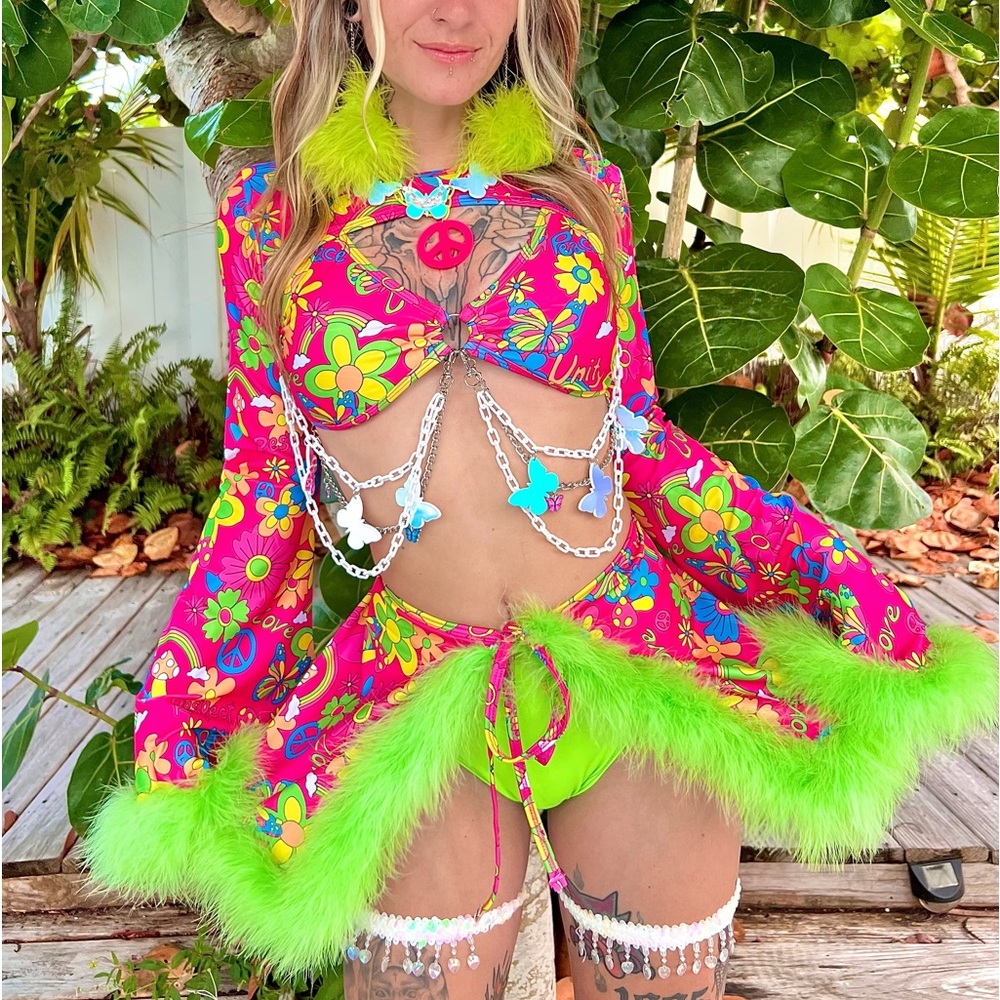 iHeartRaves Neon Floral Fur-Trim Two-Piece Set - Hot Pink & Lime - Picture 3 of 3